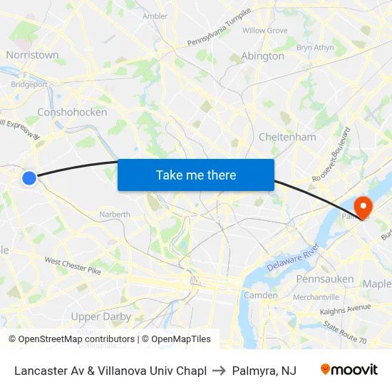 Lancaster Av & Villanova Univ Chapl to Palmyra, NJ map