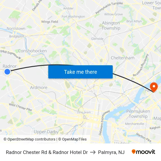 Radnor Chester Rd & Radnor Hotel Dr to Palmyra, NJ map