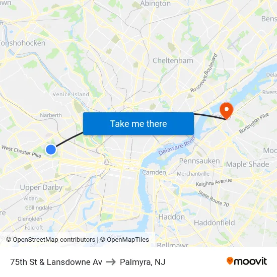 75th St & Lansdowne Av to Palmyra, NJ map
