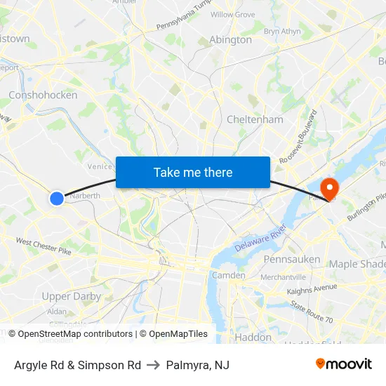 Argyle Rd & Simpson Rd to Palmyra, NJ map