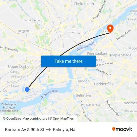 Bartram Av & 90th St to Palmyra, NJ map