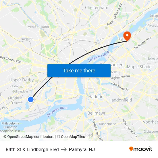 84th St & Lindbergh Blvd to Palmyra, NJ map
