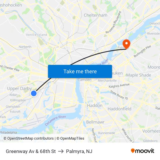 Greenway Av & 68th St to Palmyra, NJ map