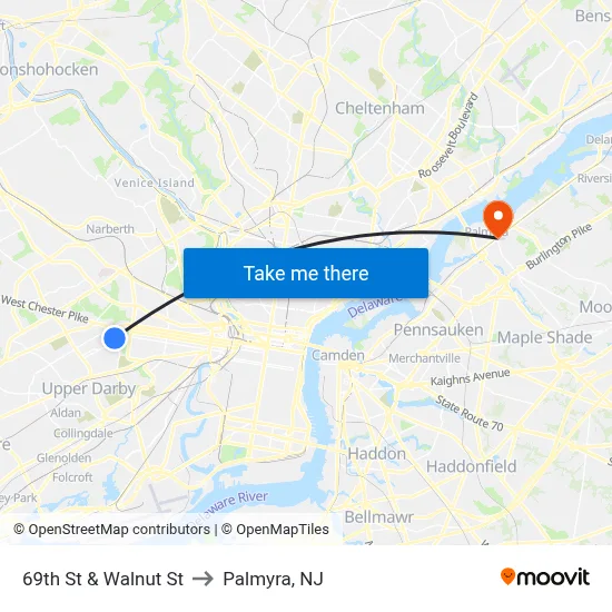 69th St & Walnut St to Palmyra, NJ map