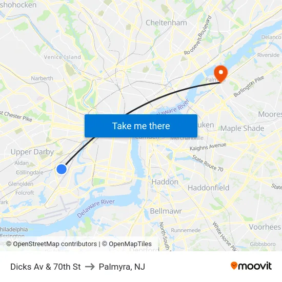 Dicks Av & 70th St to Palmyra, NJ map