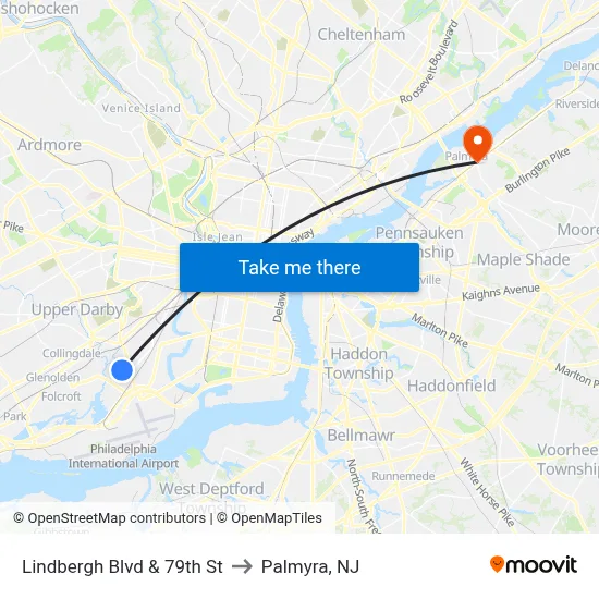 Lindbergh Blvd & 79th St to Palmyra, NJ map