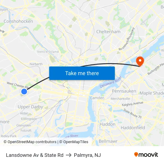 Lansdowne Av & State Rd to Palmyra, NJ map