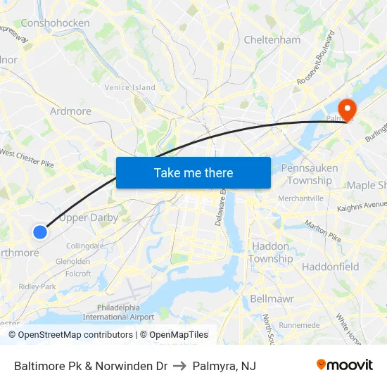 Baltimore Pk & Norwinden Dr to Palmyra, NJ map