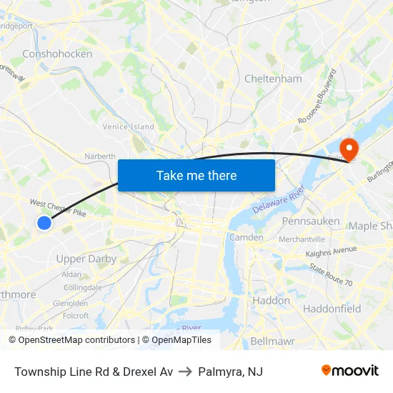 Township Line Rd & Drexel Av to Palmyra, NJ map