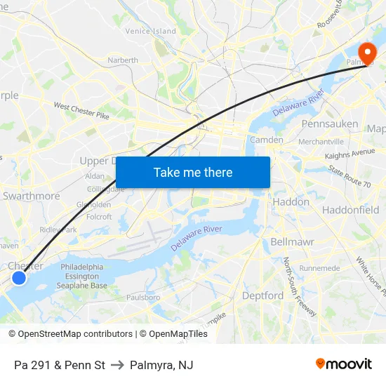 Pa 291 & Penn St to Palmyra, NJ map