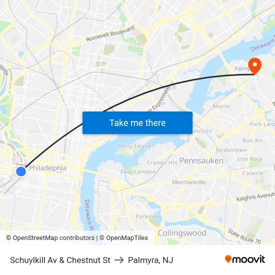 Schuylkill Av & Chestnut St to Palmyra, NJ map