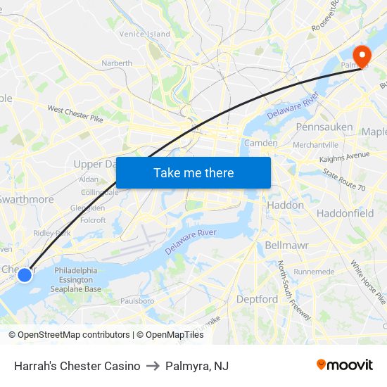 Harrah's Chester Casino to Palmyra, NJ map