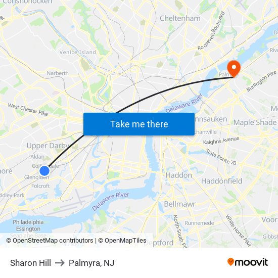 Sharon Hill to Palmyra, NJ map