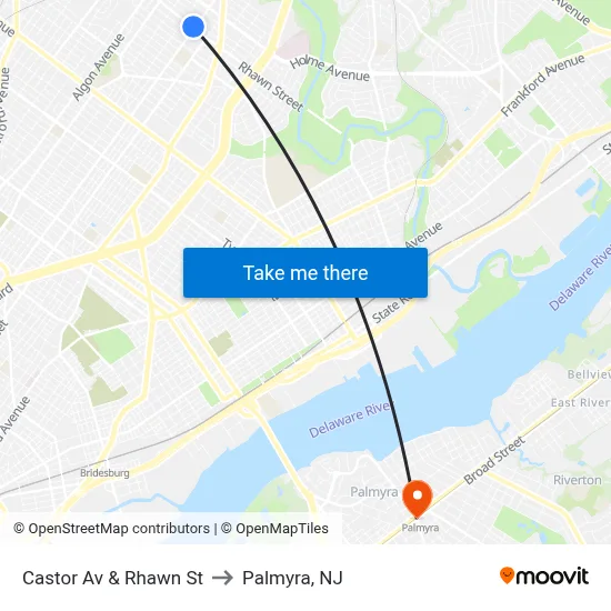 Castor Av & Rhawn St to Palmyra, NJ map