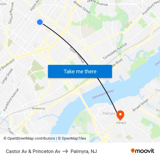Castor Av & Princeton Av to Palmyra, NJ map
