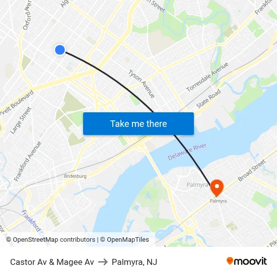 Castor Av & Magee Av to Palmyra, NJ map