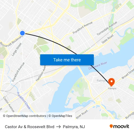 Castor Av & Roosevelt Blvd to Palmyra, NJ map