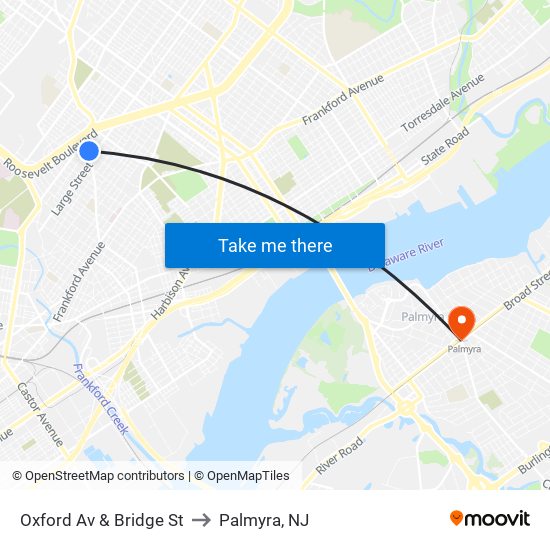 Oxford Av & Bridge St to Palmyra, NJ map