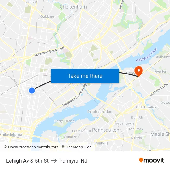 Lehigh Av & 5th St to Palmyra, NJ map