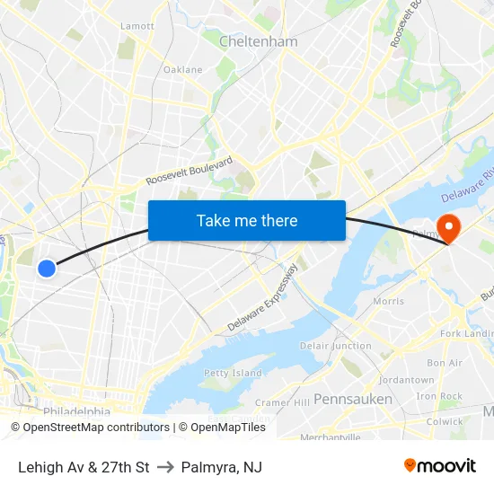 Lehigh Av & 27th St to Palmyra, NJ map