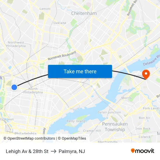 Lehigh Av & 28th St to Palmyra, NJ map