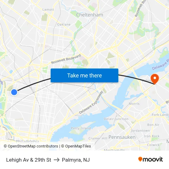 Lehigh Av & 29th St to Palmyra, NJ map