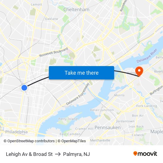 Lehigh Av & Broad St to Palmyra, NJ map