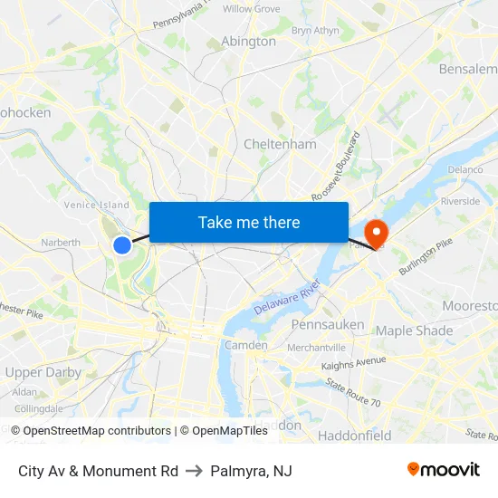 City Av & Monument Rd to Palmyra, NJ map