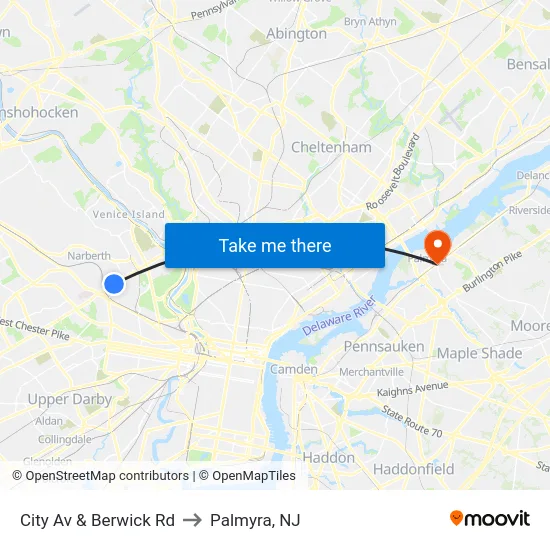 City Av & Berwick Rd to Palmyra, NJ map