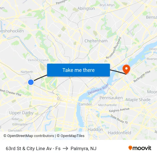 63rd St & City Line Av - Fs to Palmyra, NJ map