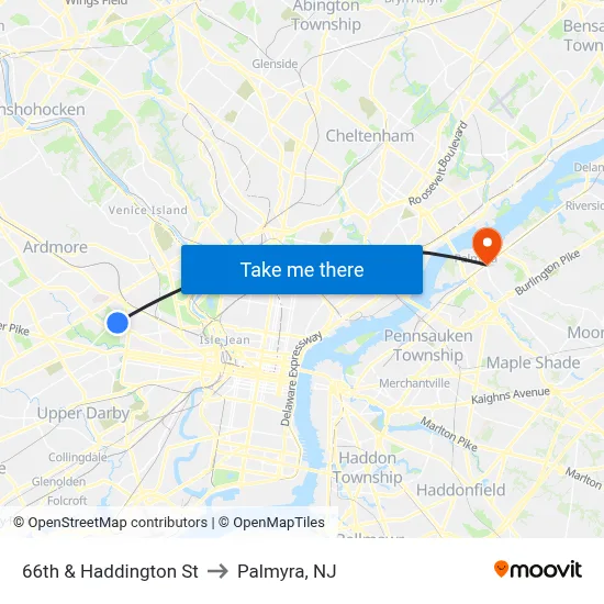 66th & Haddington St to Palmyra, NJ map