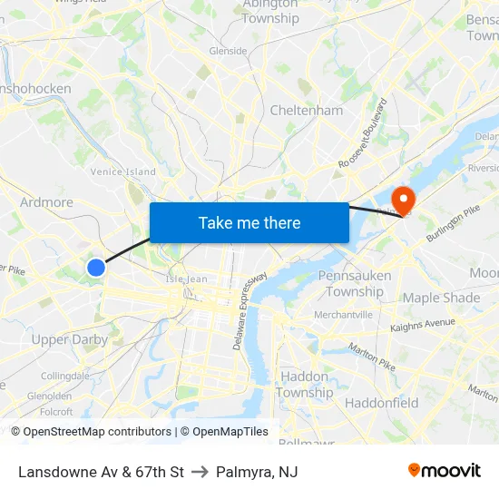 Lansdowne Av & 67th St to Palmyra, NJ map