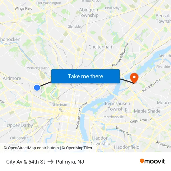 City Av & 54th St to Palmyra, NJ map