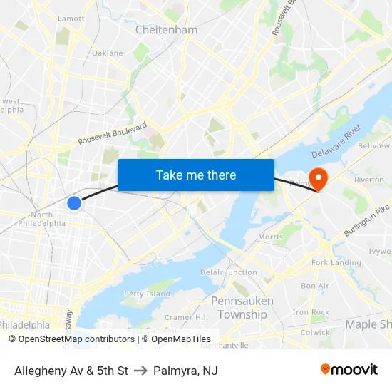 Allegheny Av & 5th St to Palmyra, NJ map