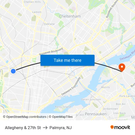 Allegheny & 27th St to Palmyra, NJ map