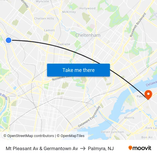 Mt Pleasant Av & Germantown Av to Palmyra, NJ map