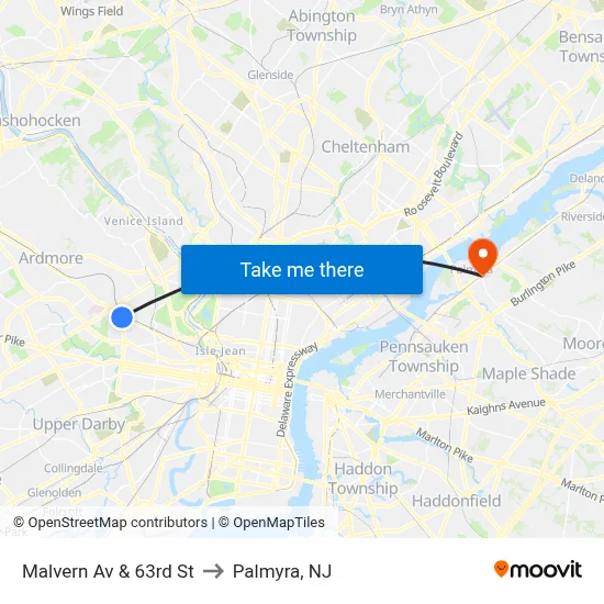 Malvern Av & 63rd St to Palmyra, NJ map