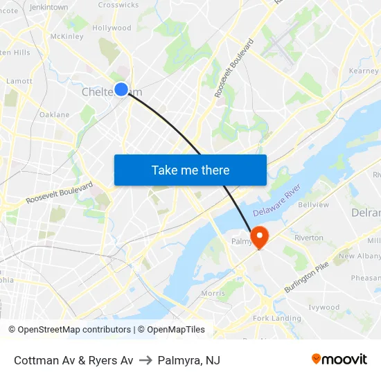 Cottman Av & Ryers Av to Palmyra, NJ map