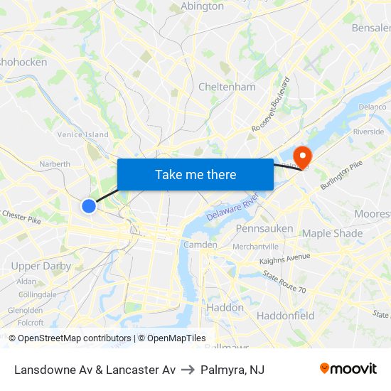 Lansdowne Av & Lancaster Av to Palmyra, NJ map