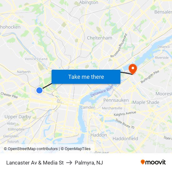 Lancaster Av & Media St to Palmyra, NJ map
