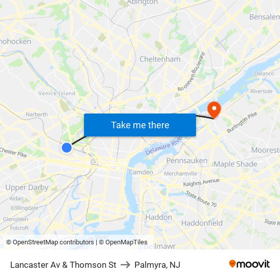 Lancaster Av & Thomson St to Palmyra, NJ map