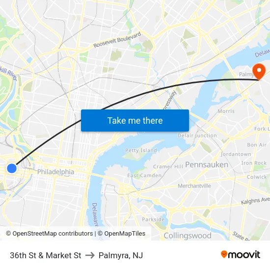 36th St & Market St to Palmyra, NJ map
