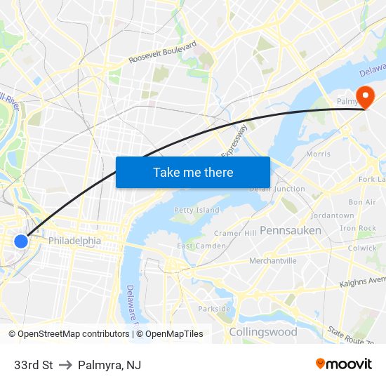 33rd St to Palmyra, NJ map