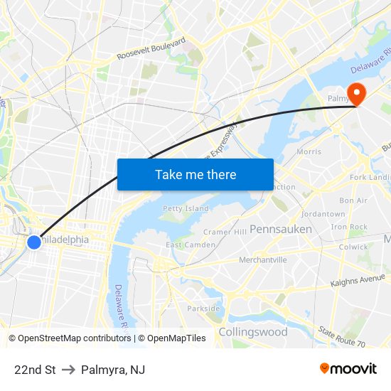 22nd St to Palmyra, NJ map