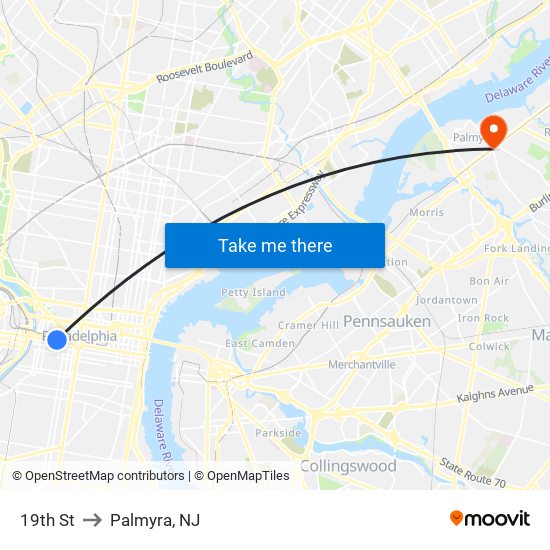 19th St to Palmyra, NJ map