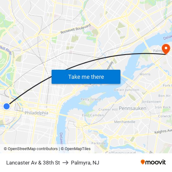 Lancaster Av & 38th St to Palmyra, NJ map