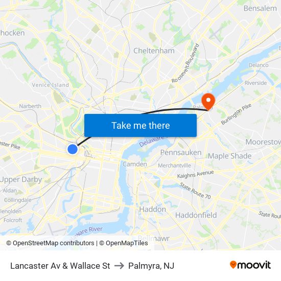 Lancaster Av & Wallace St to Palmyra, NJ map