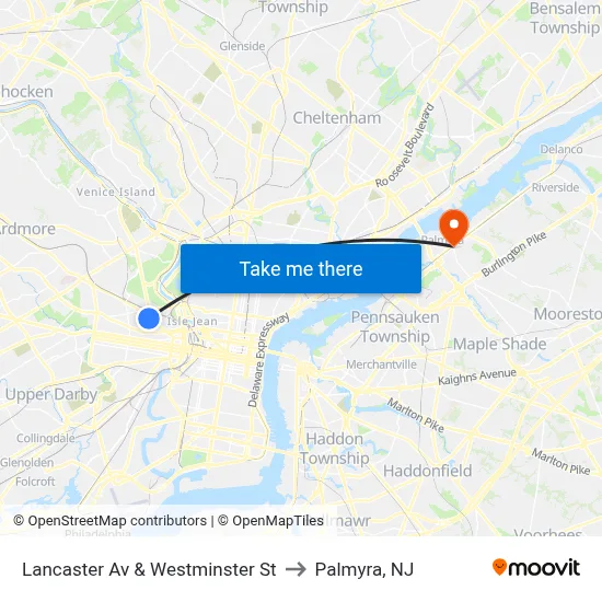 Lancaster Av & Westminster St to Palmyra, NJ map