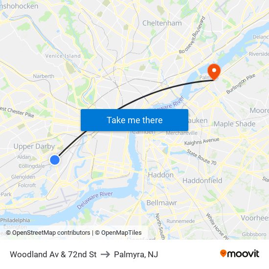 Woodland Av & 72nd St to Palmyra, NJ map