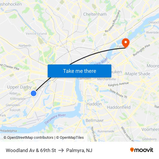 Woodland Av & 69th St to Palmyra, NJ map